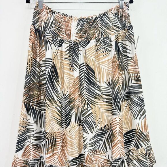 Robert Louis White Brown Tropical Palm Leaf Print Iered Ruffle Maxi Skirt NEW - Picture 3 of 13